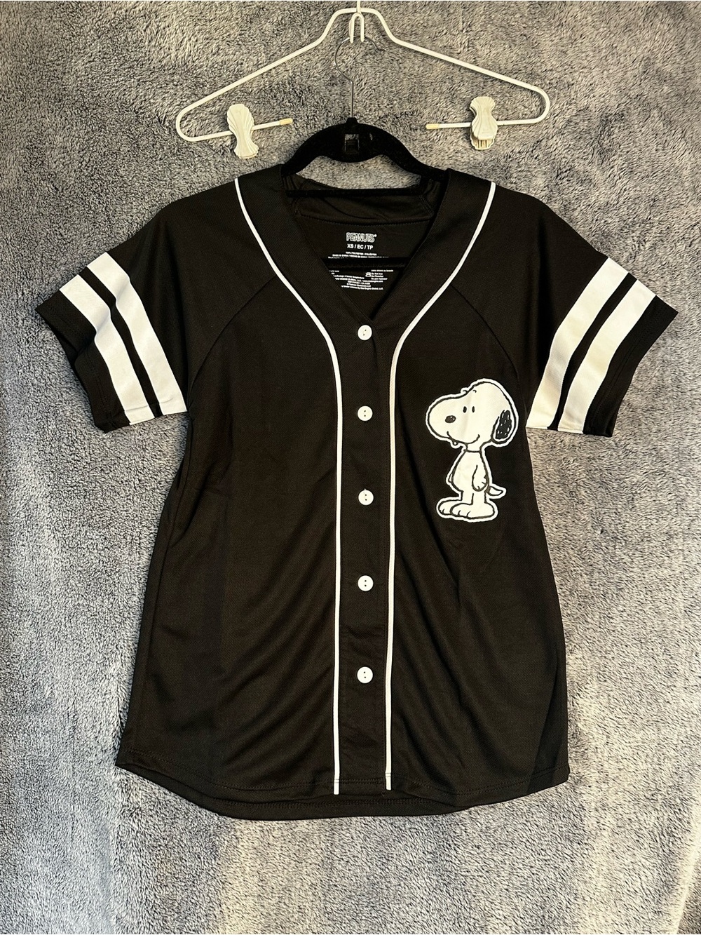 Peanuts Black Baseball-Style Jersey with White Trim and Snoopy Patch